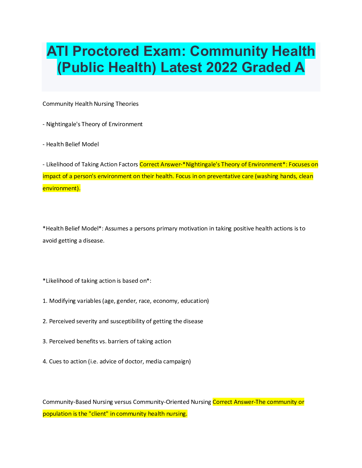 ATI Proctored Exam Community Health (Public Health) Latest 2022 Graded